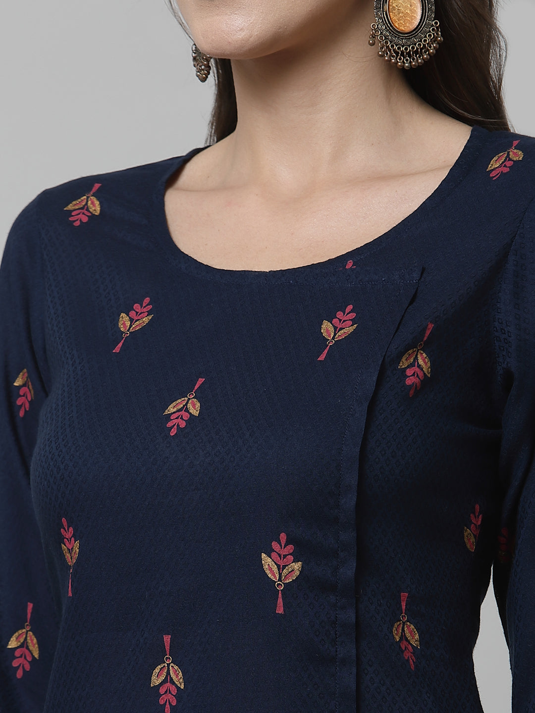 Women Navy Blue Ethnic Motifs Cotton Calf Length Kurta Krya