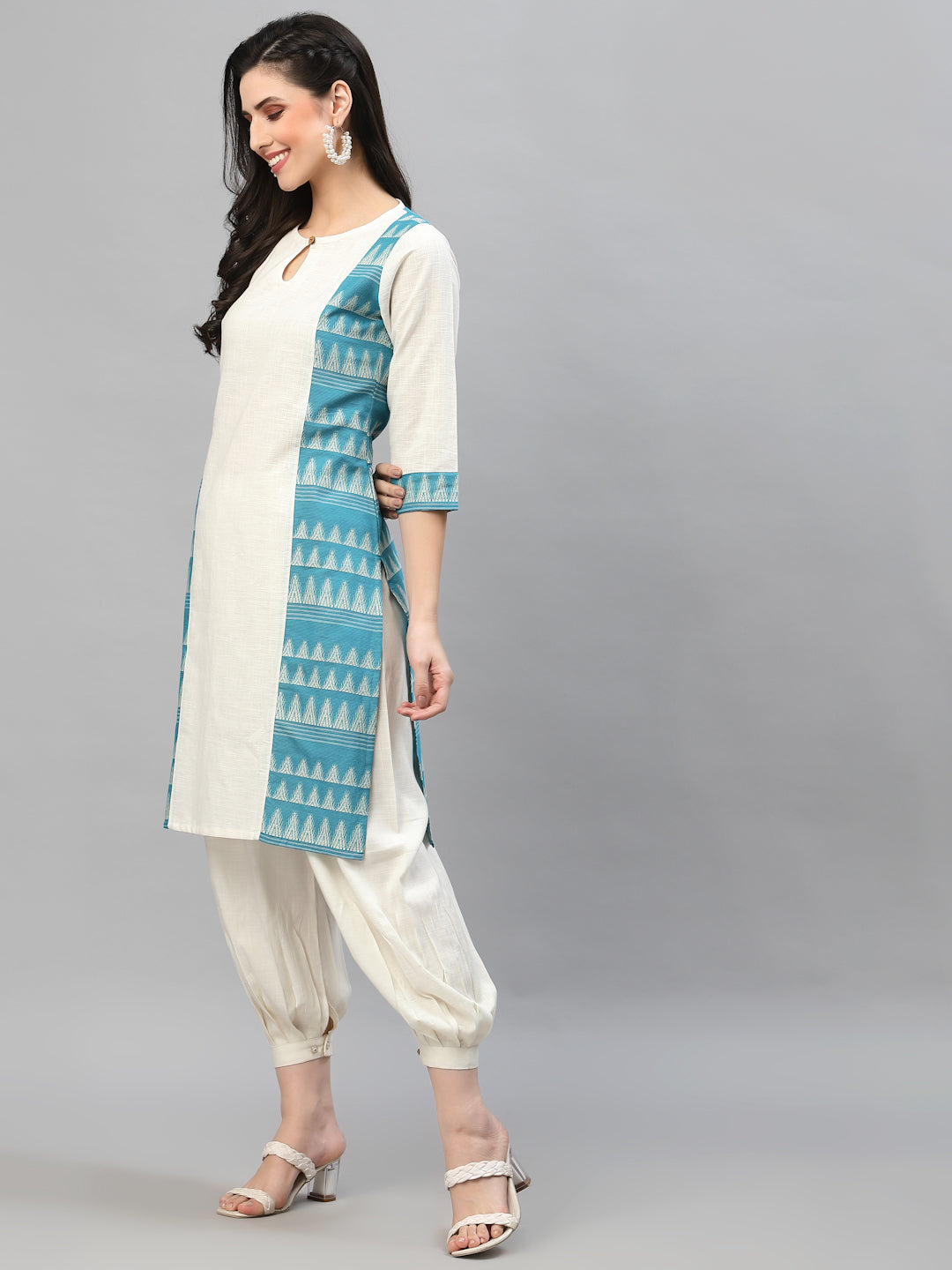 Women Off White & Blue Linen Jacquard Kurta Krya