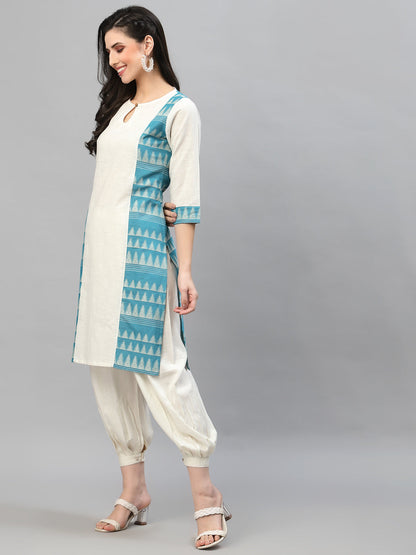 Women Off White & Blue Linen Jacquard Kurta Krya