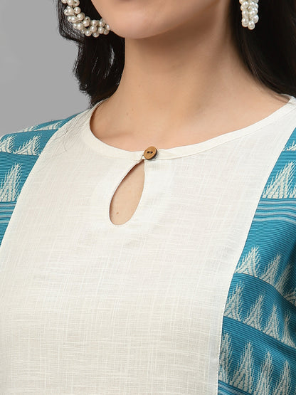 Women Off White & Blue Linen Jacquard Kurta