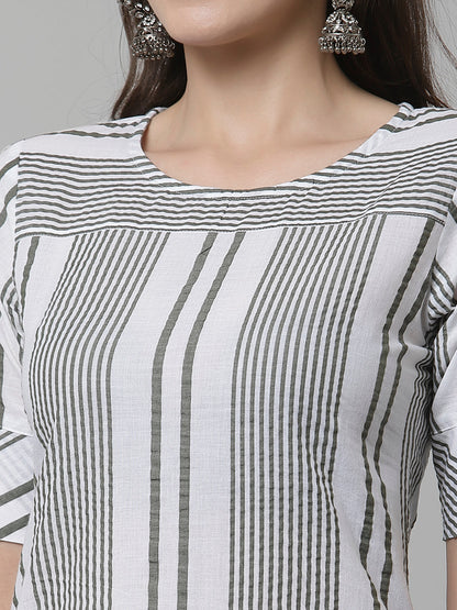 Women White & Olive Striped Cotton Knee Length Kurta