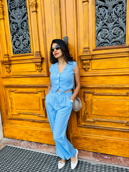 Female model wearing a light blue co-ord set from Stylera