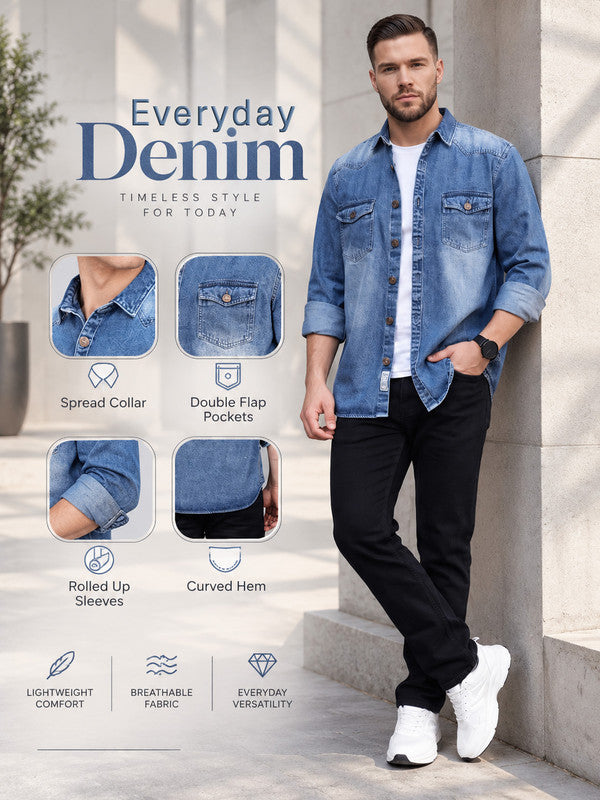 Kuons Avenue Men’s Stonewash Denim Casual Shirt