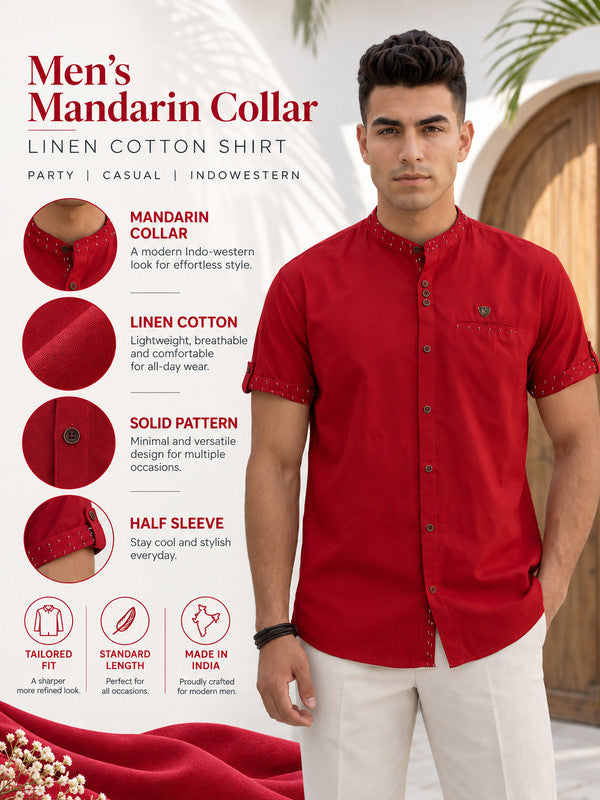 Kuons Avenue Men’s Berry Red Linen Cotton Indo-Western Casual Shirt