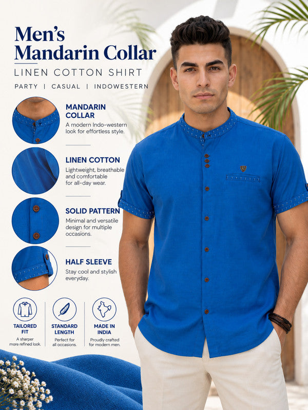 Kuons Avenue Men’s Electric Blue Linen Cotton Indo-Western Casual Shirt