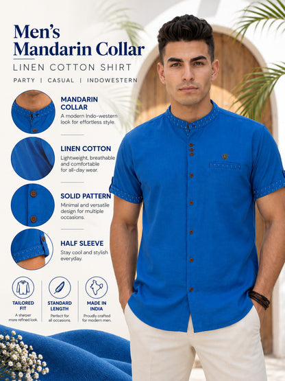 Kuons Avenue Men’s Electric Blue Linen Cotton Indo-Western Casual Shirt