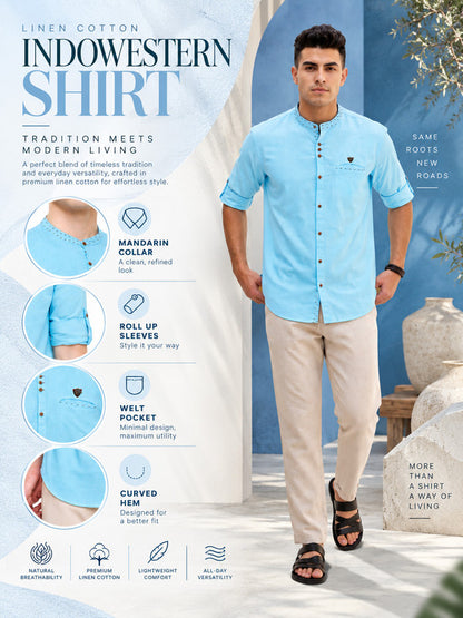 Kuons Avenue Men's Linen Cotton Indowestern Shirt - Turquoise