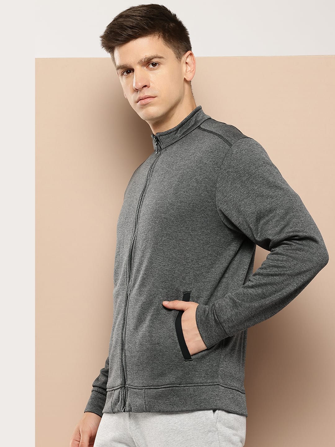 Alcis Men Charcoal Grey Solid Sporty Jacket