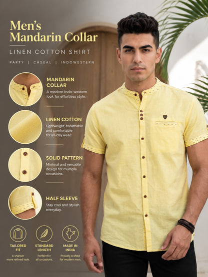Kuons Avenue Men’s Pastel Yellow Linen Cotton Indo-Western Casual Shirt