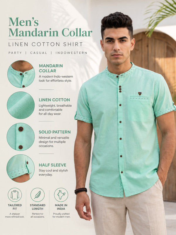 Kuons Avenue Men’s Rama Green Linen Cotton Indo-Western Casual Shirt
