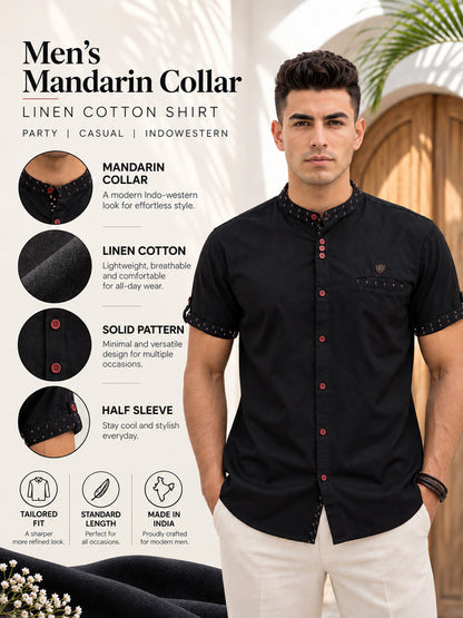 Kuons Avenue Men’s Black Linen Cotton Indo-Western Casual Shirt