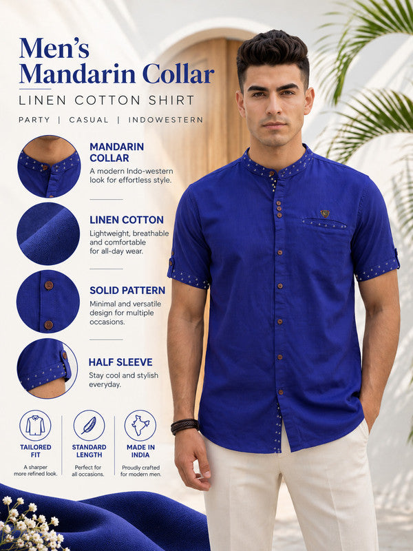 Kuons Avenue Men’s Royal Blue Linen Cotton Indo-Western Casual Shirt