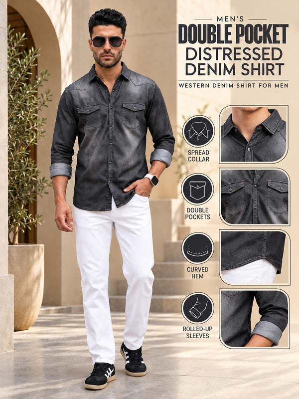 Kuons Avenue Men’s Cloud Black Distressed Denim Casual Shirt