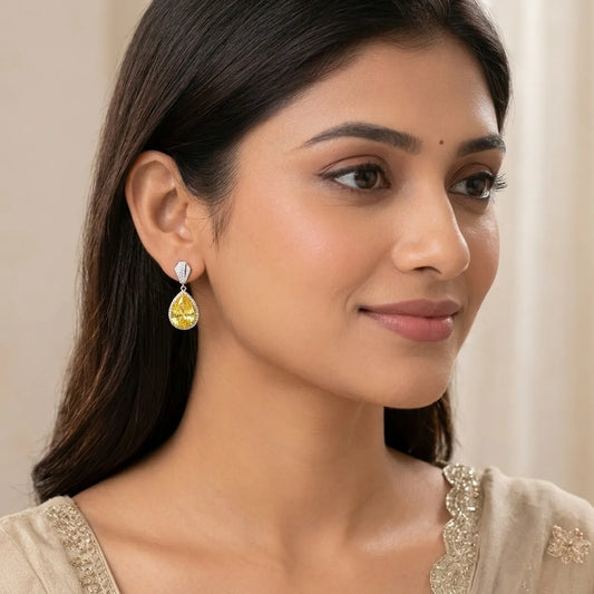 Yellow Stone And Silver Teardrop Dangle Earrings For Women