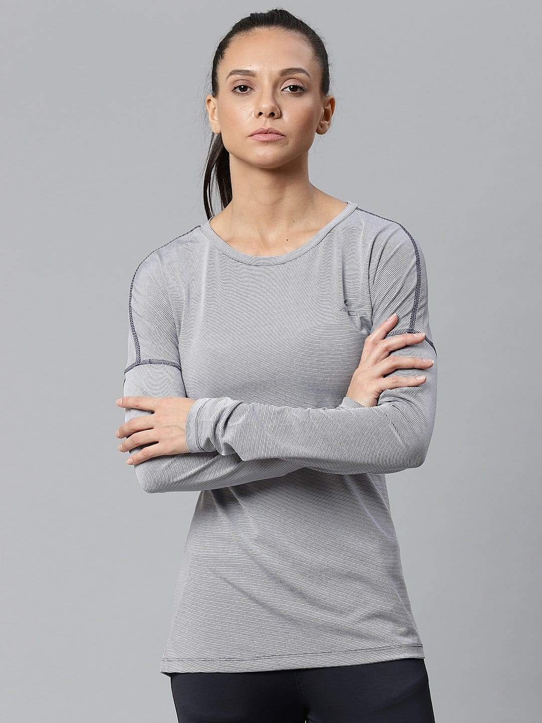Alcis Women Navy Blue  White Striped Round Neck T-shirt