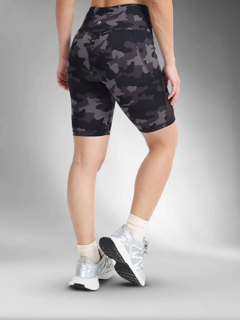 women's high rise camo print biker shorts-Campor grey