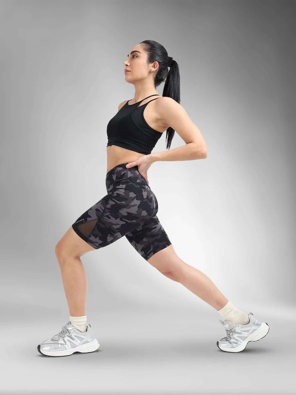 women's high rise camo print biker shorts-Campor grey