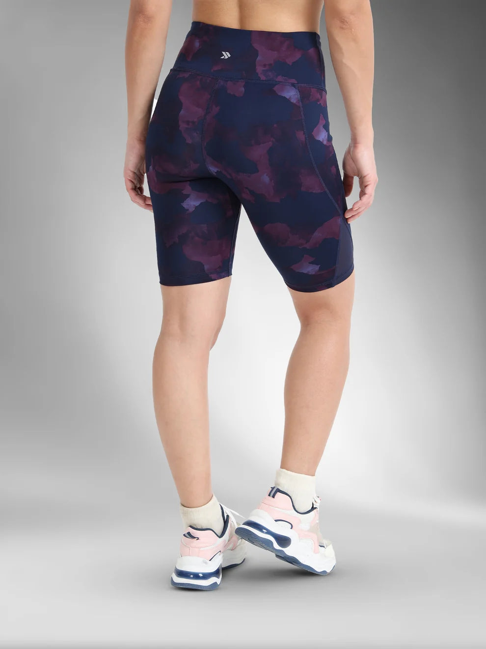 women's high rise camo print biker shorts- camo purple