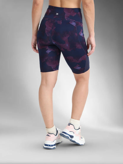 women's high rise camo print biker shorts- camo purple