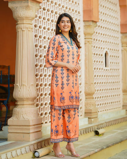 Peach Floral Muslin Kurta Set