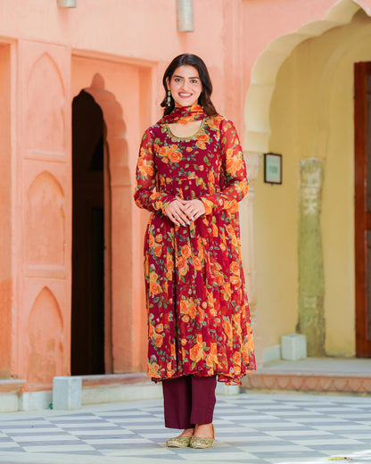 Maroon Printed Chiffon Suit Set