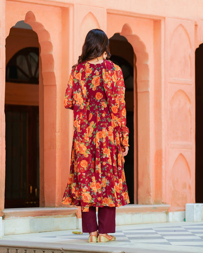 Maroon Printed Chiffon Suit Set