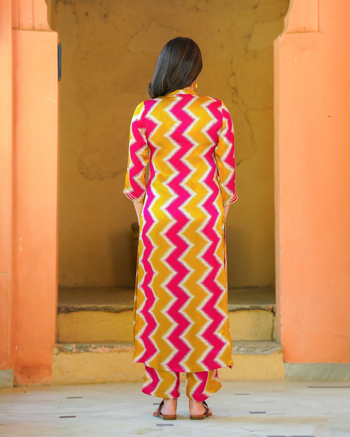 Pink And Mustard Zigzag Kurta Set