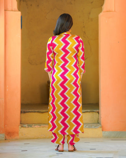 Pink And Mustard Zigzag Kurta Set