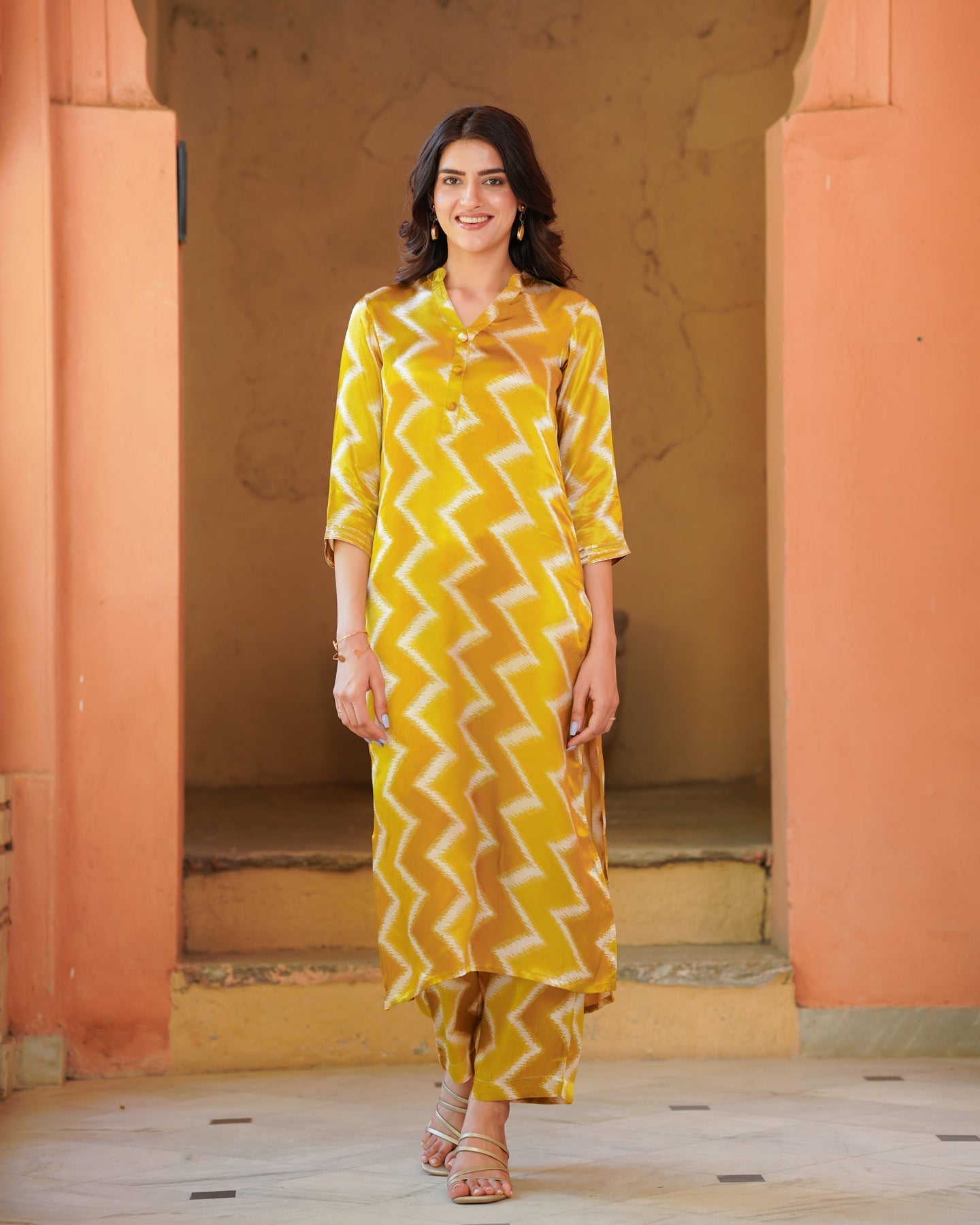 Mustard and White Zigzag Kurta Set