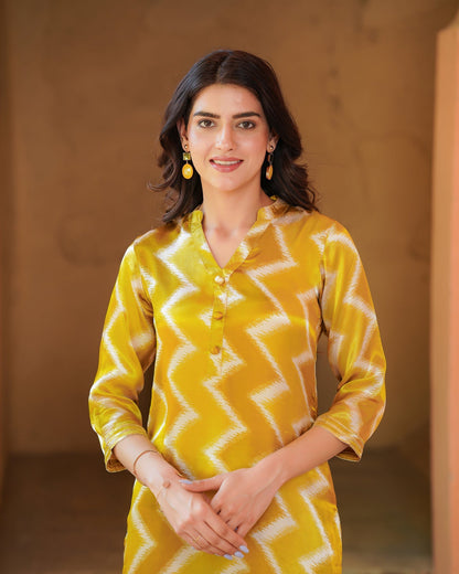 Mustard and White Zigzag Kurta Set