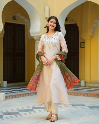 Solid Beige Chanderi Suit Set