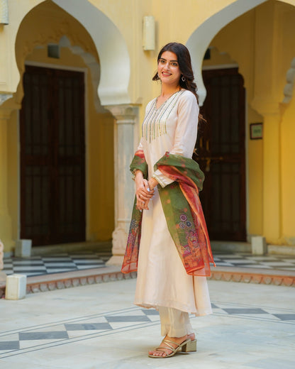 Solid Beige Chanderi Suit Set