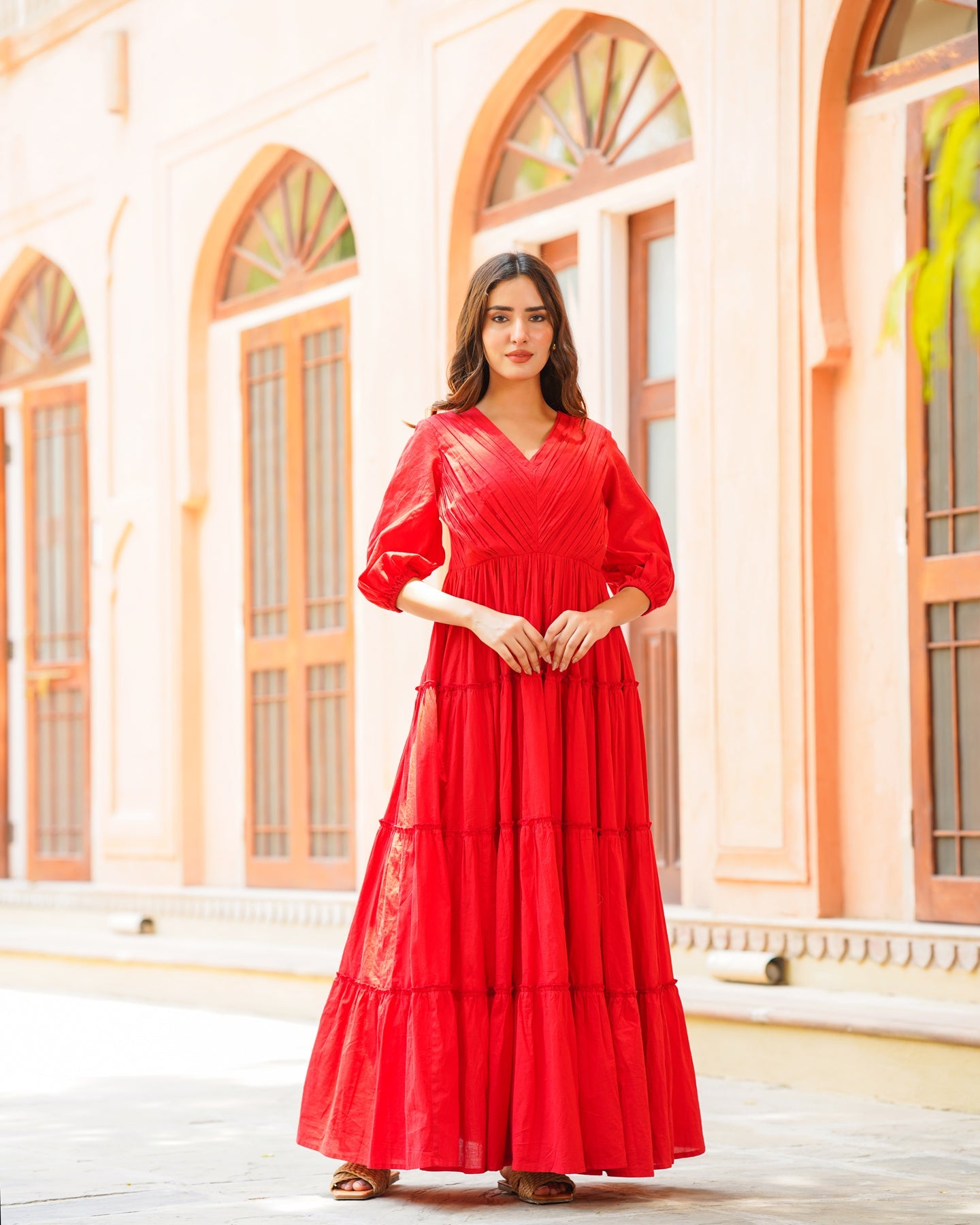 Fiery Red Solid & Tiered Dress