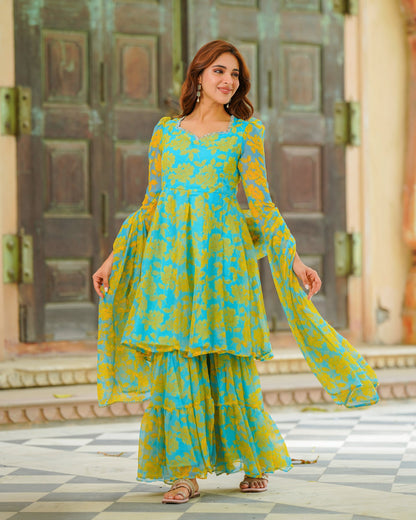 Blue Floral Kalidaar SuitÂ Set