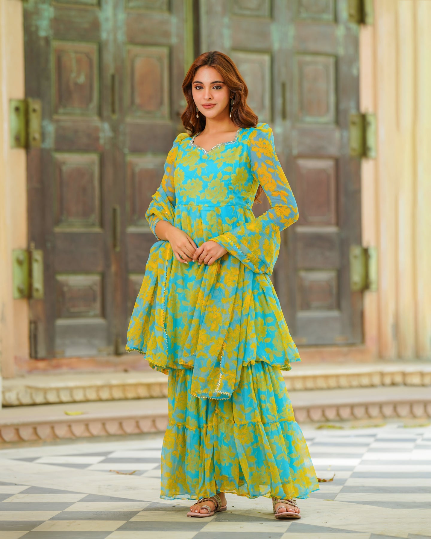 Blue Floral Kalidaar SuitÂ Set