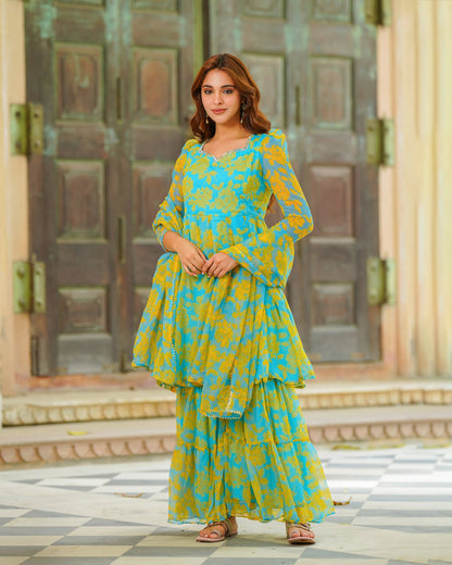 Blue Floral Kalidaar SuitÂ Set