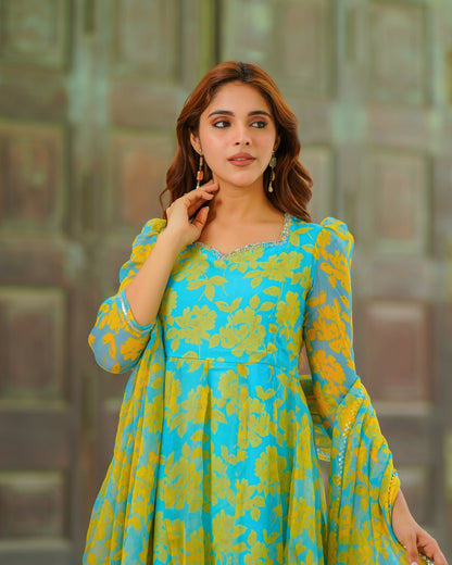 Blue Floral Kalidaar SuitÂ Set