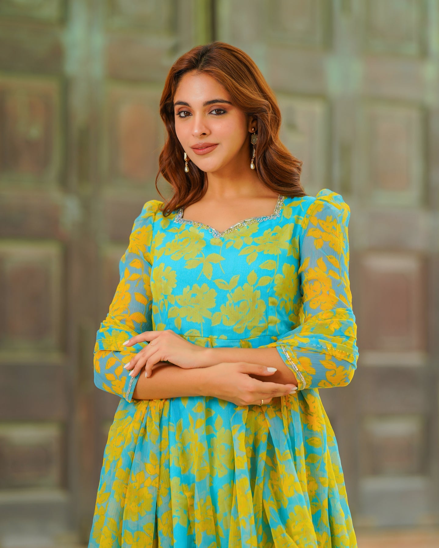 Blue Floral Kalidaar SuitÂ Set
