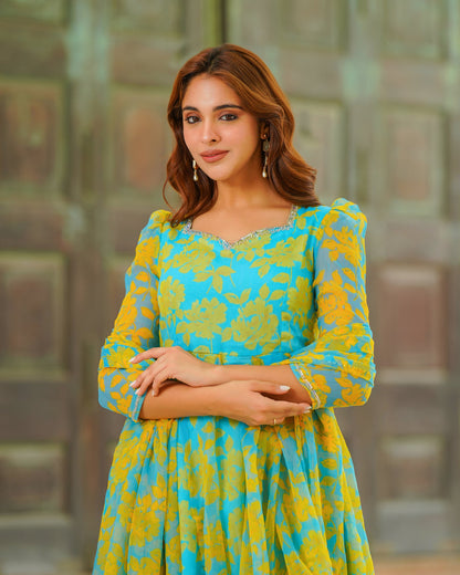 Blue Floral Kalidaar SuitÂ Set