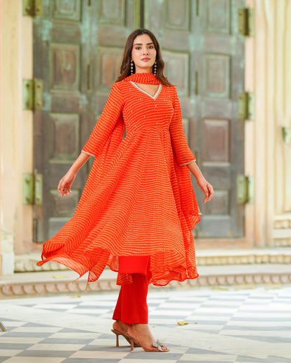 Orange Leheriya Chiffon Suit Set