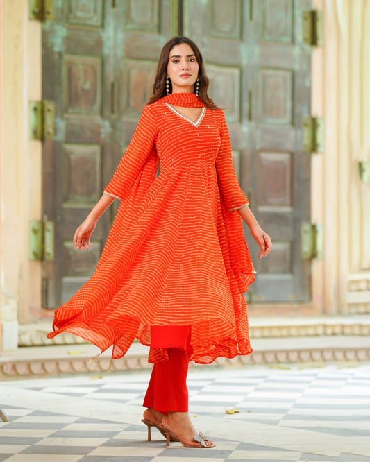Orange Leheriya Chiffon Suit Set