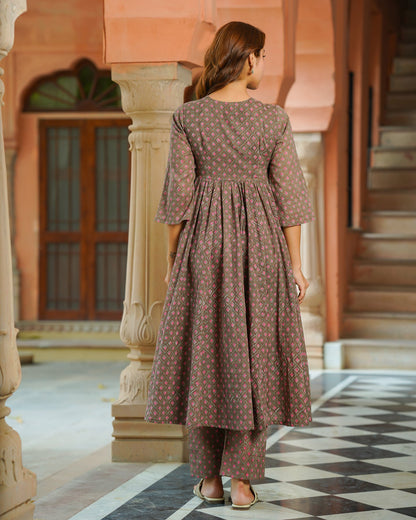 Brown Handblock Printed Kurta Set