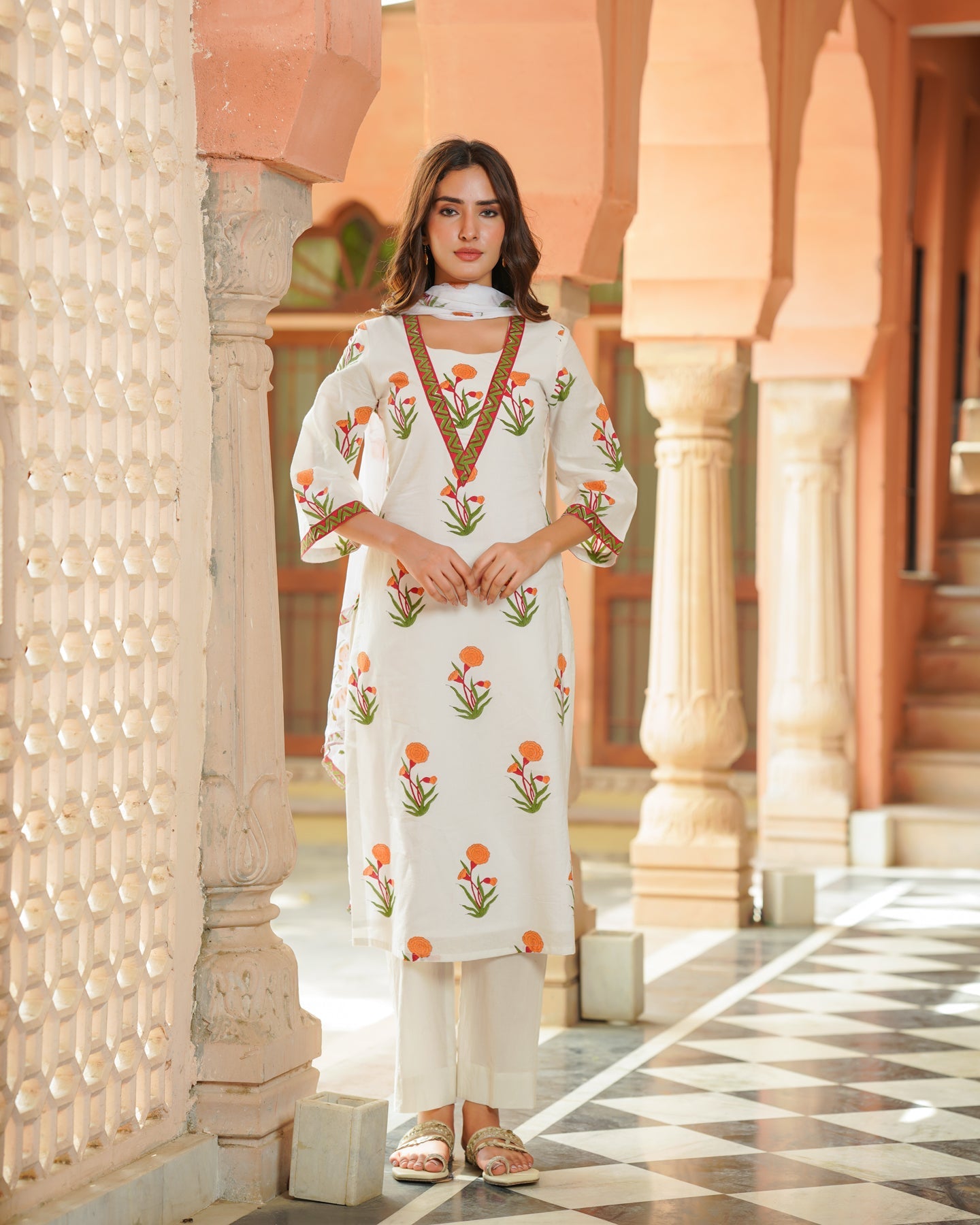 Handblock Printed White Suit Set