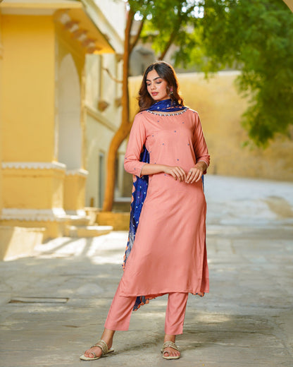 Peach Embroidered Suit Set