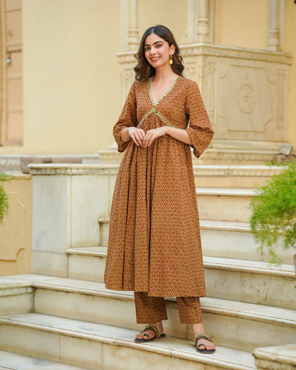 Maroon Handblock Printed Kurta Set