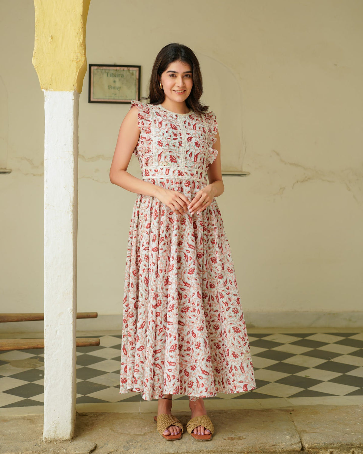 Handblock Floral Red Dress