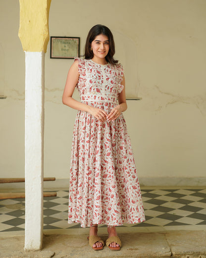 Handblock Floral Red Dress