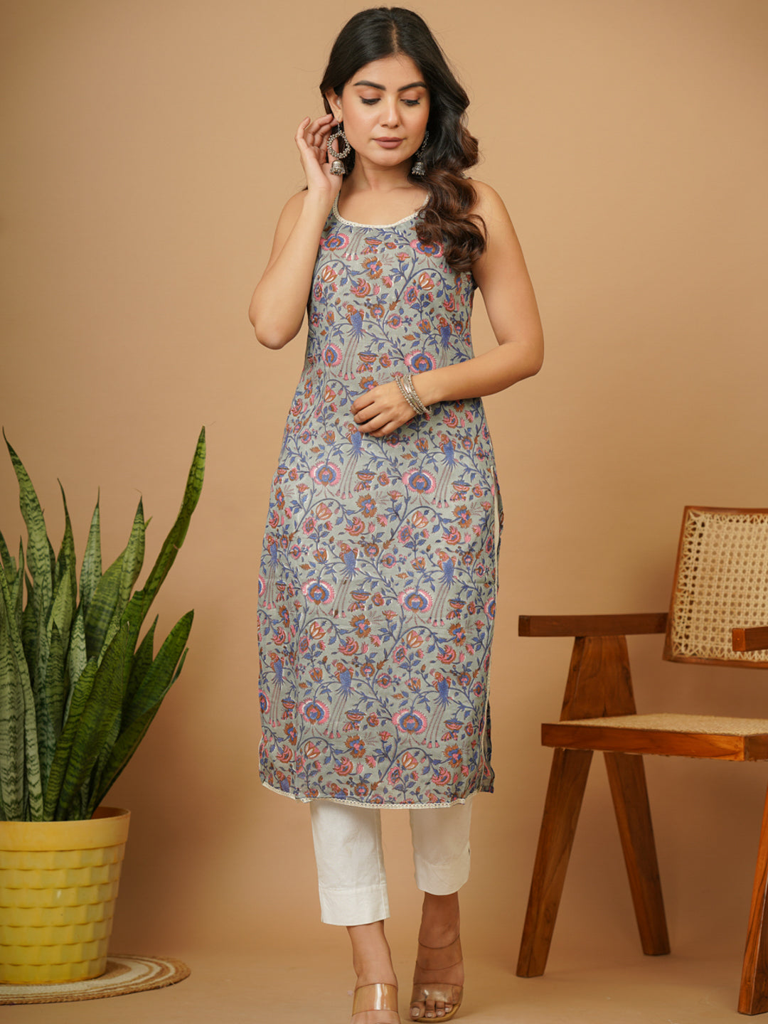 Grey Floral Jaal B.P. Kurti
