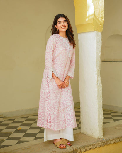 Pastel Pink Handblock Printed Kurta Set