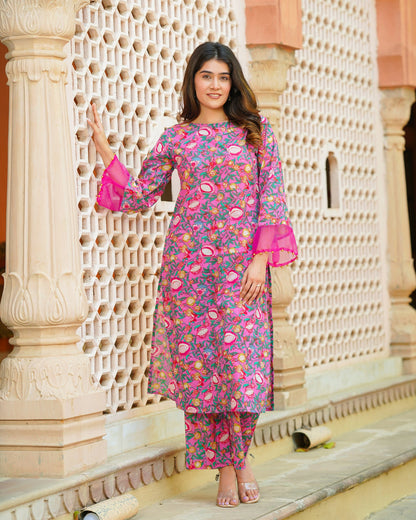 Pink & Green Block Print Kurta Set